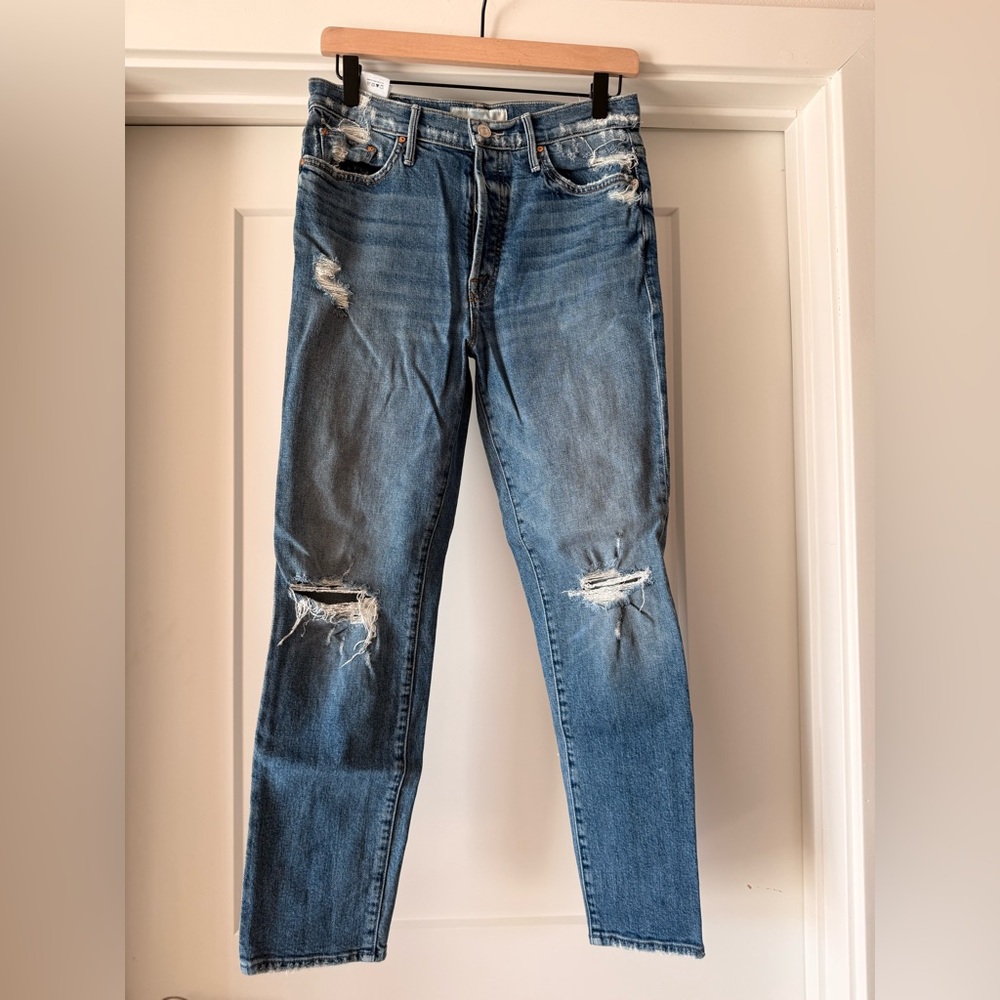 MOTHER Women's Distressed Blue Straight Leg Jeans